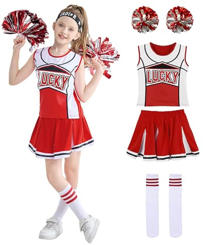 LOLANTA Mädchen Blau & Rot Cheerleading Kostüm mit Bommeln & Socken, Halloween Party Cheers Kostüm, Rot, 5-6 Jahre, 120