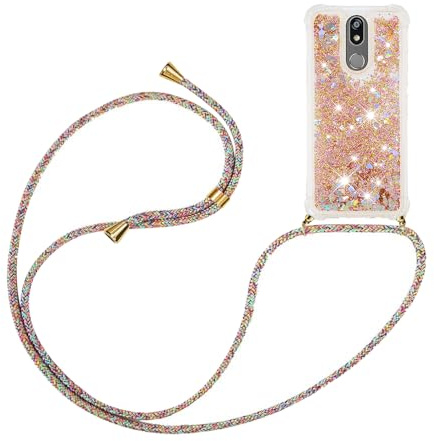Handykette Handyhülle für LG K40/LG K12 Plus Quicksand Glitzer mit Band | Silikon Handyhülle mit Kordel Umhängenband - Schnur mit Treibsand Case zum Umhängen, Golden