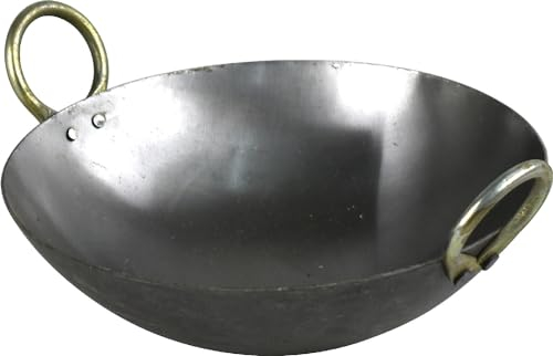 Iron Kadai Deep Frying Traditional Kadhai for Cooking Indian Chinese Food Wok Pan Multipurpose Hand Hammered Round Bottom Black (10 Inch)