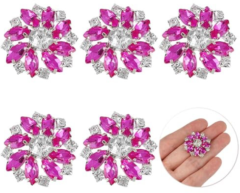 FINGERINSPIRE 6 Pezzi Fucsia Fiori Argento Strass Bottoni In Lega 26mm Bouquet Strass Bottoni Con 1 Foro E Retro Piatto Ornamenti Cristalli Fiocchi Di Neve Pulsante Con Artiglio