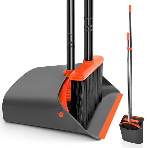 JEHONN Recogedor Plegable y Escoba de Mango Largo de 137 cm, Cepillo Barrer y Recogedor Vertical con Peine Dientes para Interior Casa Cocina Vestíbulo Jardín Oficina Habitación (Negro Naranja)