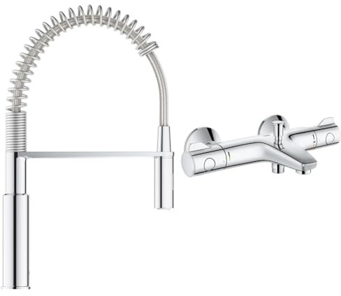 GROHE Robinet évier de cuisine Get, mitigeur monocommande 2 jets) & Mitigeur thermostatique Bain/Douche 1/2 Grohtherm 800 34569000, Argent