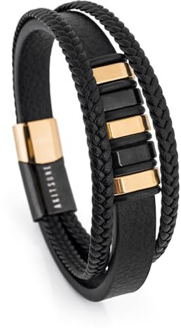 Akitsune Fabula Lederarmband |Armschmuck Frauen Herren Magnetverschluss aus Edelstahl Männer Armband - Gold - Schwarz 19cm