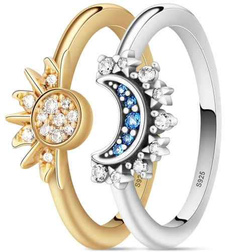 Aucuu Sonne Mond Ring Gold Silber Set, Matching Rings Freundschaftsringe Sonne und Mond Ring, Ringe Frauen Silber 925, Sun and Moon Set, Dupes Schmuck Geschenk für Damen Frauen