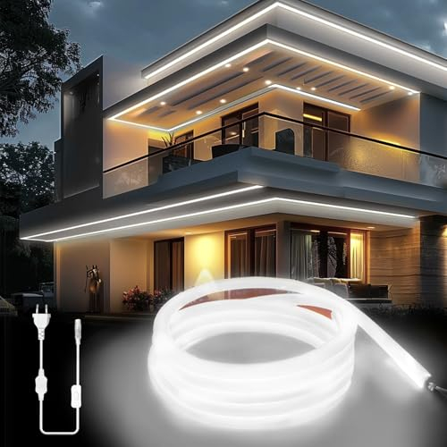 KSIBNW LED Strip Streifen Weiß 230V, 5M Neon LED Strip Innen IP65 Wasserdichte 320° Glühen LED Band Aussenbereich Mit Netzteil Lichterkette Lichtband DIY Flexible für Zimmer Deko, Küche, Party