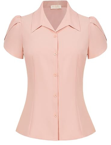 Belle Poque Chemisier vintage à manches courtes pour femme avec col en V et col Kent, rose, L