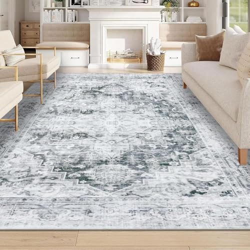Homcomodar Teppich Wohnzimmer Grau 200x290cm Vintage Teppich Schlafzimmer Waschbarer Kurzflor Wohnzimmerteppiche für Esszimmer Kinderzimmer