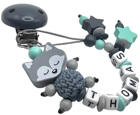 Personalisiertes Schnullerkettchen für Kinder | Mädchen oder Junge | wunderschöne individuelle handmade Produkte (Grau, Fuchs)