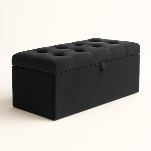 Cubed Plush Velvet Tufted Buttoned Ottoman Storage Box Large Medium Black Silver Grey Blue Trunk box Footstool (Black, Large)