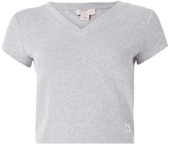 Calvin Klein Damen T-Shirt Kurzarm Woven Label Rib Tee mit V-Ausschnitt