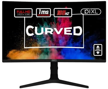 piXL 27 Inch Curved Monitor, 165Hz, 1ms, Frameless, Freesync/G-Sync, Full HD, HDMI, Display Port, USB, Black with RGB Lighting, VESA Mount, Height Adjustable