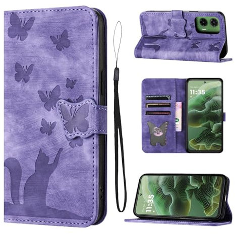 LSPCASA Carcasa para Motorola Moto G35 5G 6.72 Material De Piel Sintética Funda Moto G35 con Ranuras para Tarjetas Patrón De Mariposa De Gato Movil Moto G35, Púrpura