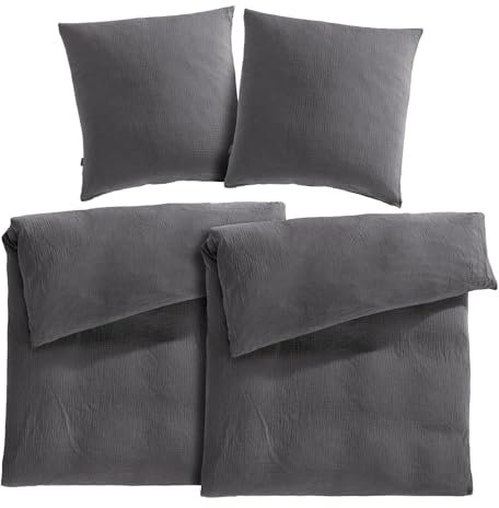 Pure Label Musselin Bettwäsche 155x220 4-teilig bestehend aus Bettbezug 155 x 220 cm 2er Set, Kissenbezug 80x80 cm 2er Set aus Baumwolle - Traumhaft kuschelige Bettwäsche-Sets in anthrazit