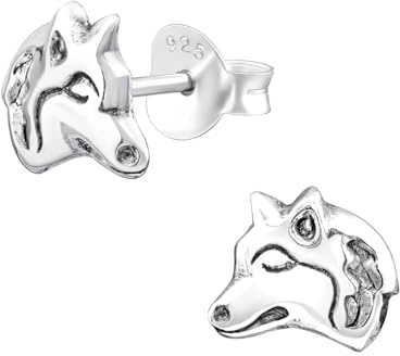 Monkimau Wolf Kinder Ohrringe | 925 Silber | Mädchen Ohrstecker Schmuck | Hypoallergen & Nickelfrei | Kinderohrringe Geschenkidee
