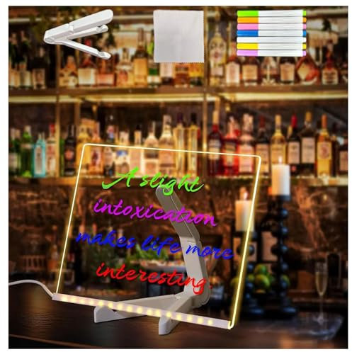 Hazomeu Acryl Board mit Ständer und 7 Farbstiften Acryl-Nachrichtentafel Kreatives Umschreiben LED Maltafel Kinder,20x20cm