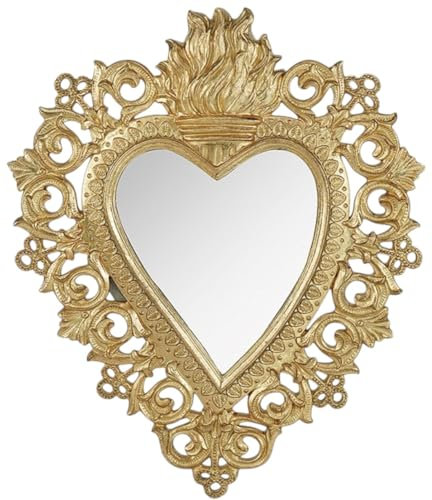 Großer Spiegel Ex-voto Herz, verziert mit einer Bordüre in Herzform, schöne Verarbeitung, goldfarbener Barockrahmen, Maße: 24,8 x 29,8 cm