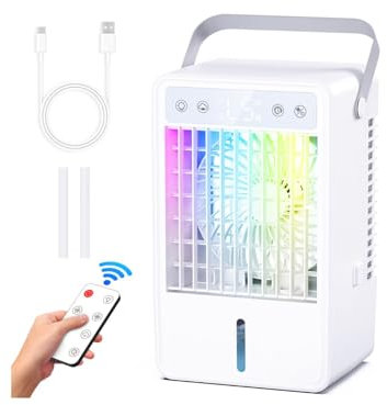 Aire acondicionado móvil, 1500 ml aire acondicionado portátil silencioso refrigerador de aire USB ventilador con control remoto, 5 velocidades y 3 modos, temporizador de 10H, luz colorida, ideal para