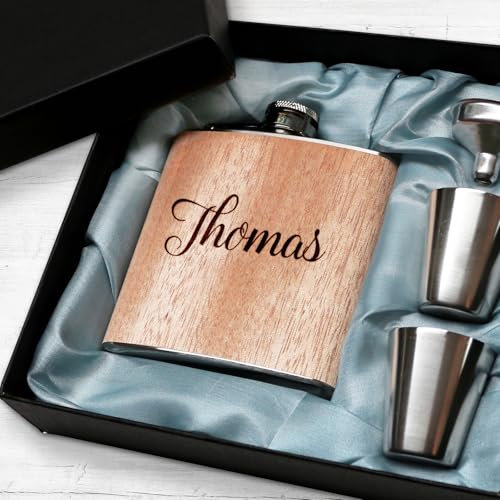 Flachmann mit Gravur. Edelstahl Flachmann personalisiert. Geschenke für Männer. Holz