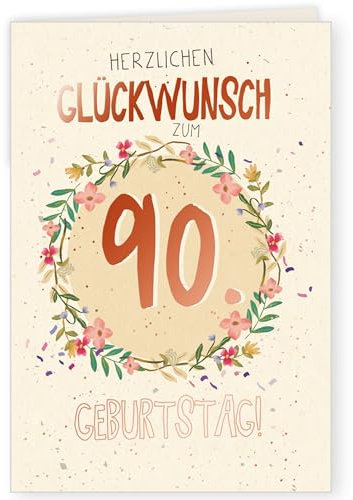 GreenLine Glückwunschkarte zum 90. Geburtstag | 1 Stück mit Umschlag | Geburtstagskarte | hochwertige Klappkarte aus 100% baumfreien Zuckerrohrpapier | Plastikfreie Verpackung | 11,5 x 17 cm