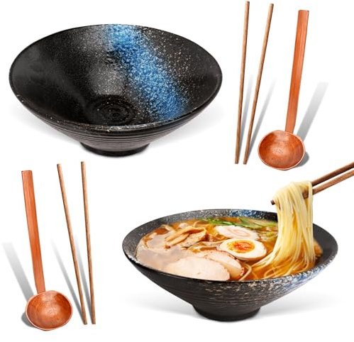 HOMIKLSA 2 Bols à Ramen en Céramique avec Cuillère et Bagettes - 1000ml Vaisselle Japonaise pour Soupes, Salades et Céréales, Design Épuré avec Revêtement Anti-Rayures(bleu)