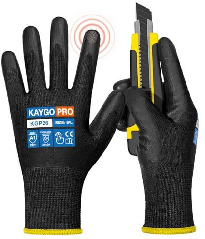 KAYGO Work Gloves PU Coated Cut Resistant Touchscreen 12 Pairs, KGP26B | ANSI Cut Level A1 Safety Working Gloves with Grip, Ideal for Warehouse Construction Carpentry Gardening (Black, Large)