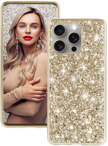 Fiyer Handyhülle für iPhone 15 Pro Hülle Glitzer Bling Sparkle Hülle für iPhone iPhone 15 Pro Case Original Ultra Dünne Leichte Ganzkörper Stoßfest Anti-Kratzer Silikon Schutzhülle (Gold)
