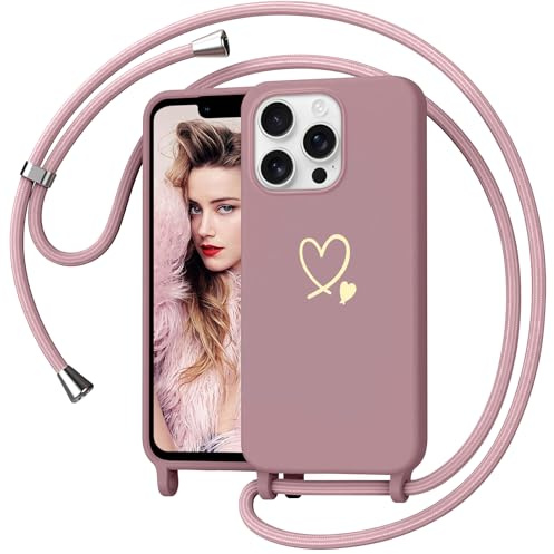 Yichxu Handyband für iPhone 14 Pro Hülle mit Band, Herz Design Necklace Handyhülle zum Umhängen Kordel, Stoßfest Schutzhülle mit Kette, Weich TPU Liquid Silikon Case für iPhone 14 Pro, Rosa
