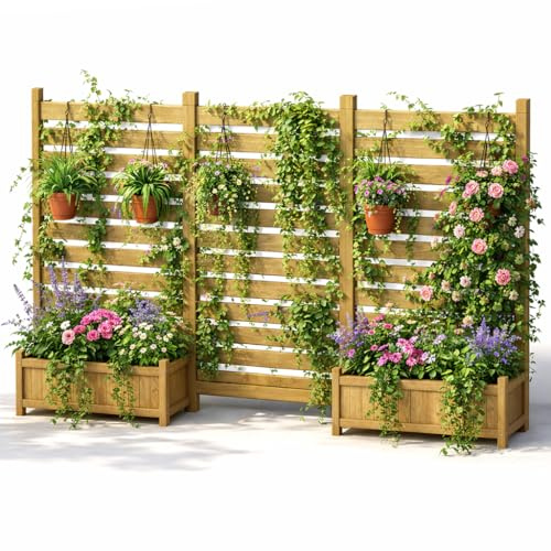 Pamapic 3 Set Planter with Trellis, Garden Privacy Screen with Planter Box & Drainage Holes, for Climbing Plants, Flower, Vegetable, Wooden Raised Beds for Garden, Patio, Porch