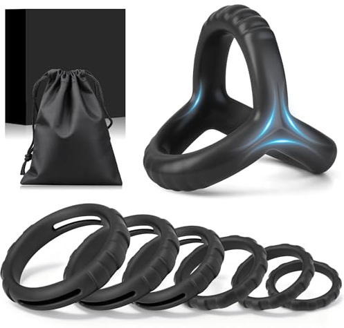 Meslav 7-teiliges Penisring Set für Männer – Verstellbare Cockringe aus Silikon, dehnbares & langlebiges Sex Spielzeug für die Männer, ideal als Sexspielzeug für Paare mit diskretem Beutel