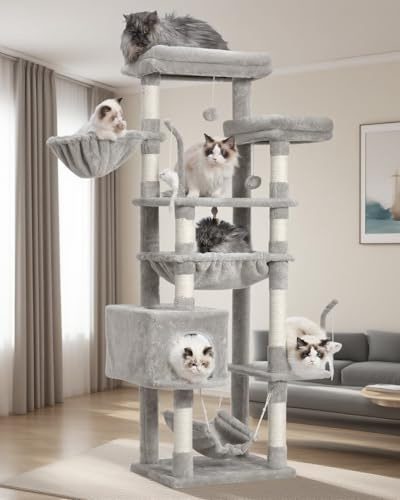 Gitelsnour Kratzbaum mit 2 großen Plattformen, 2 Katzenhängematten, GCT020W | Katzenbaum robuster mehrstöckig 160 cm mit weicher Katzenhöhle, Körbe und Spielzeug für Mehrkatzen im Innenbereich, Hellgrau