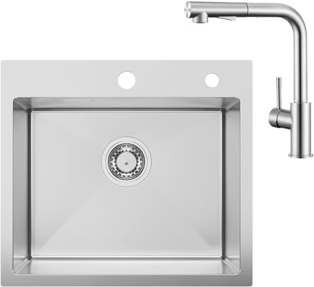 Sofetiy Ensemble Robinet de Cuisine, 50 x 45 cm, en Acier Inoxydable, avec Douchette Extensible, Rotatif à 360°, Auto-cicatrisant, Anti-odeur, Silencieux, Kit de Montage Inclu