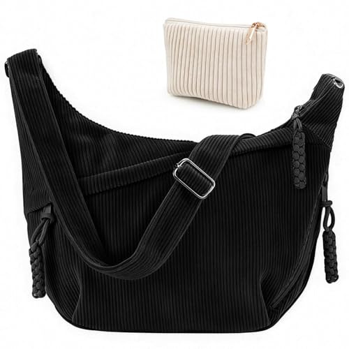Mngevcy Umhängetasche Damen, Crossbody Bag Damen groß Cord Tasche + Kosmetiktasche, Cord Crossbag Halbmond Kord Schultertasche mit Reißverschluss und Baumwollfutter Verstellbarer Schultergurt