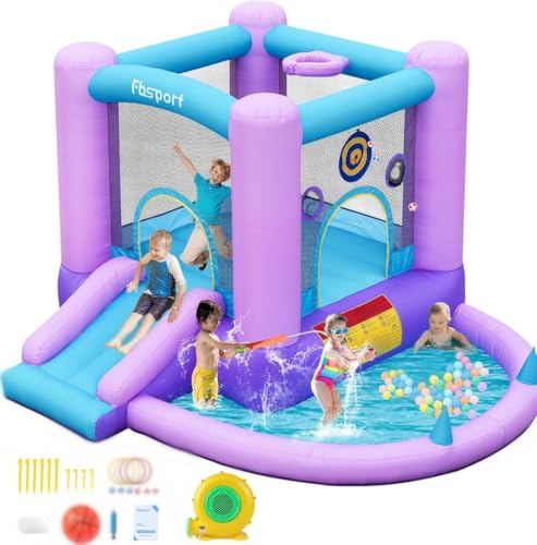 FBSPORT hüpfburg Outdoor mit gebläse hüpfburg mit Wasserrutsche Indoor, hüpfburgen Kinder Kinder Bounce Castle mit Ball Pit Pool, Basketball Reifen, Dart Spiel