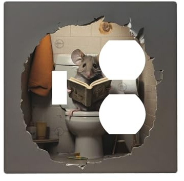 Xuejiaku Decorative Outlet Covers Mouse Sitting On Toilet In Mouse Hole 2 Gang Light Switch Cover Plate Double Duplex Wall Plates for Electrical Outlets Switch Plate Covers for Bedroom Home Decor