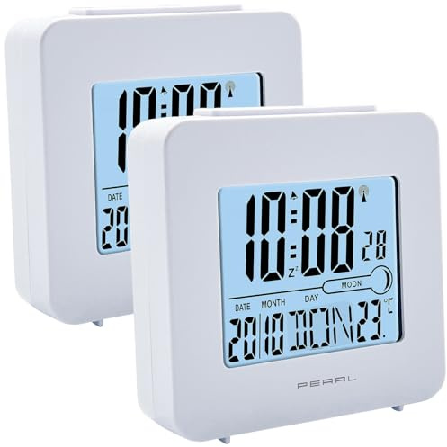 PEARL Wecker mit Thermometer: 2er-Set Funk-Wecker mit Snooze-Funktion, Datum, Wochentag, Temperatur (Funkuhr mit Weckfunktionen, Digital-Funk)