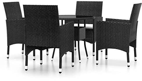 QJBSAVVA 5-TLG. Garten-Essgruppe Poly Rattan Schwarz - Outdoor Essgruppe mit Rundem Glastisch und 4 Gartenstühlen inkl. Sitzkissen - Sitzgruppe für Garten, Terrasse und Balkon