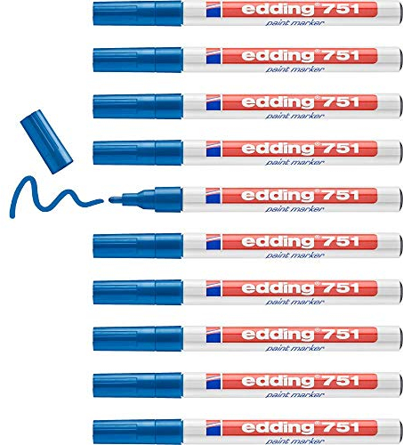edding 751 Lackmarker - blau - 10 Stifte - Rundspitze 1-2 mm - Lackstift zur Markierung und Beschriftung von Metall, Glas, Stein oder Kunststoff - hitzebeständig, permanent, wischfest