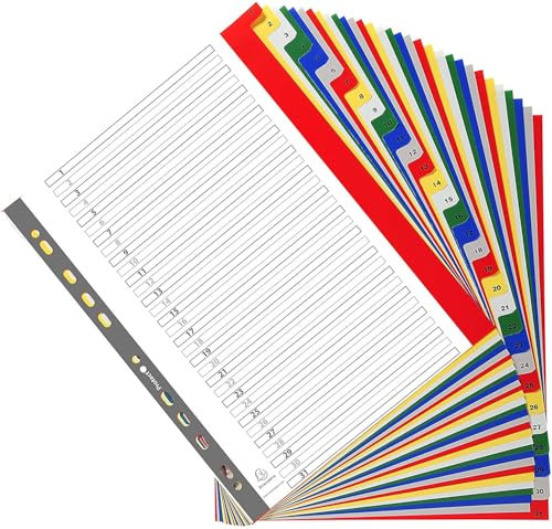 Exacompta 88E Kunststoff-Register 1-31 für DIN A4 MAXI aus langlebigem Kunststoff 31-teilig volle Höhe 24 x 29,7 cm weiß mit bedruckten, bunten Taben Universallochung Indexseite zum selbstgestalten