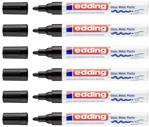 EDDING Lot de 6 Marqueurs peinture encre permanente laquée noir pour toutes surfaces, pointe moyenne