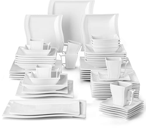 MALACASA, Serie Flora, 56 TLG. CremeWeiß Porzellan Geschirrset Kombiservice Tafelservice mit je 6 Schälen, 6 Tassen, 6 Untertassen, 12 Dessertteller, 12 Suppenteller, 12 Speiseteller und 2 Platte