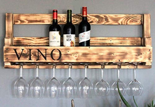 Dekorie Weinregal aus Holz für die Wand - mit Gläserhalter und VINO Schriftzug - Geflammt - fertig montiert - Regal für Weinflaschen und Weingläser