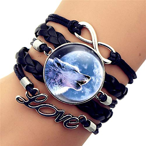 Damen Armbänder Armband Bettelarmband,Howling Wolf Zeit Edelstein Armband Schwarz Multi-Layer Aus Geflochtenem Leder Armband Europäischen Und Amerikanischen Perlen Armband. Geburtstag Geschenk V