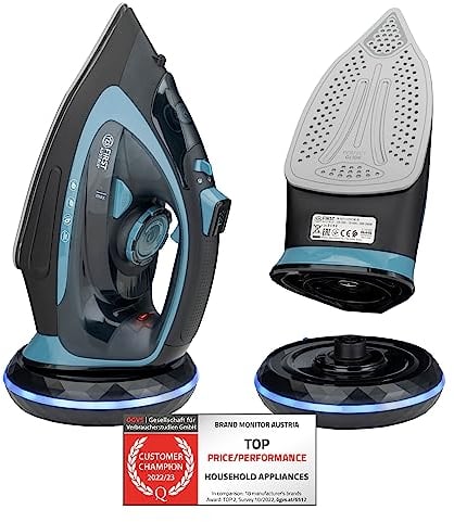 TZS First Austria Fer à Repasser Sans Fil, 2200-2400W, avec Réservoir d'Eau de 450ml, Semelle en Céramique, Température et Intensité de Vapeur Réglables Manuellement, Anti-Calc, Noir et Bleu