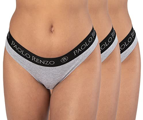 Paolo Renzo Damen Tanga Sport LINE 3 Stück Baumwoll String Sport String Tanga Damen Underwear Atmungsaktiv Größe L Grau