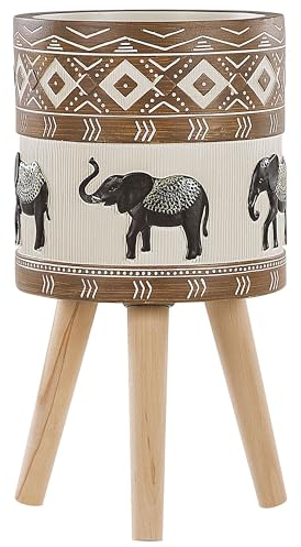 Beliani Cache-Pot Support Plantes avec 3 Pieds en Bois 25 cm de Diamètre Motif Éléphants Peint à la Main Idéal à la Fois pour Extérieur et Intérieur