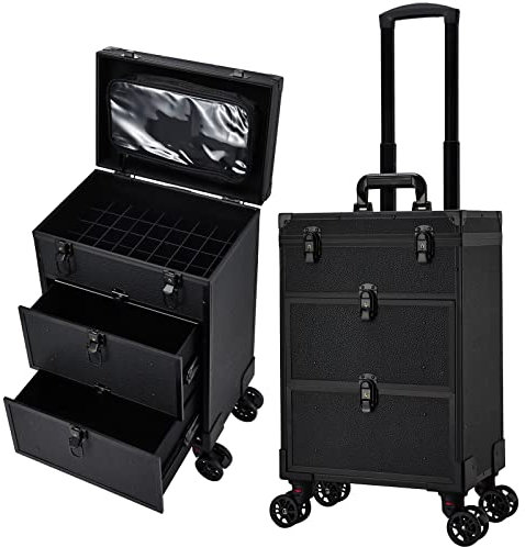 Costravio Rolling Makeup Train Case with Wheels, Black Leather, Double Drawer, Luggage With Wheels