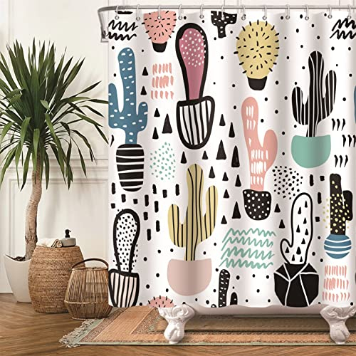 Bovlleetd Kaktus Pflanze Duschvorhang Abstrakte Linie Cartoon Badezimmer Duschvorhänge Bunte Wüstenkaktus Art Vorhänge Badezimmer Dekor für Kinder Badezimmer Hotel 152x183cm