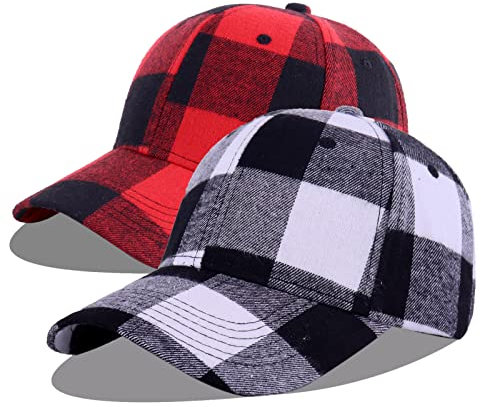 LANGZHEN Plaid Print justierbare Baseball Cap Weiche Baumwollmischung Checked Print Outdoor Hut Cap für Männer Frauen (Big Grid-Schwarz+Weiß&Big Grid-Schwarz+Rot)