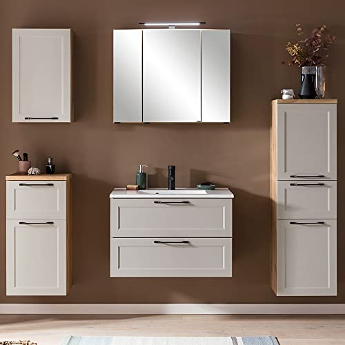 Lomadox Badmöbel-Set 5-teilig in kaschmir Eiche, mit 80 cm Waschtisch Spiegelschrank Midischrank Hängeschrank Badschrank, B/H/T ca. 200/200/47 cm