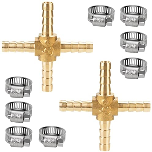nutmanel Connettore a croce in ottone a 4 vie per tubo da 6mm con 8 morsetti per tubi